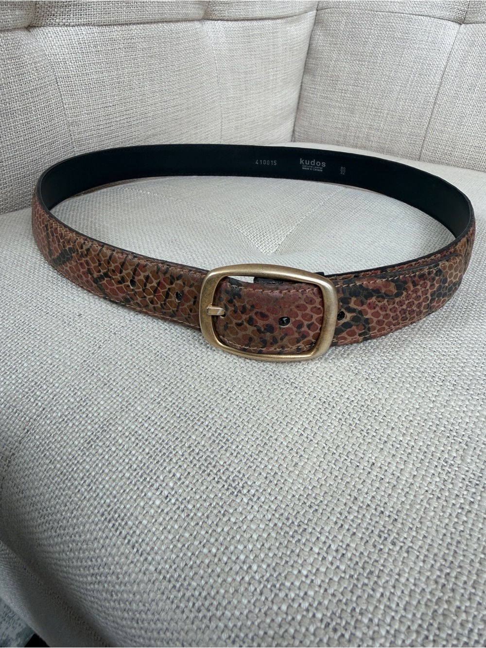 KUDOS Genuine Leather Snakeskin Print Belt Gold Tone Metal Buckle Coastal Edgy